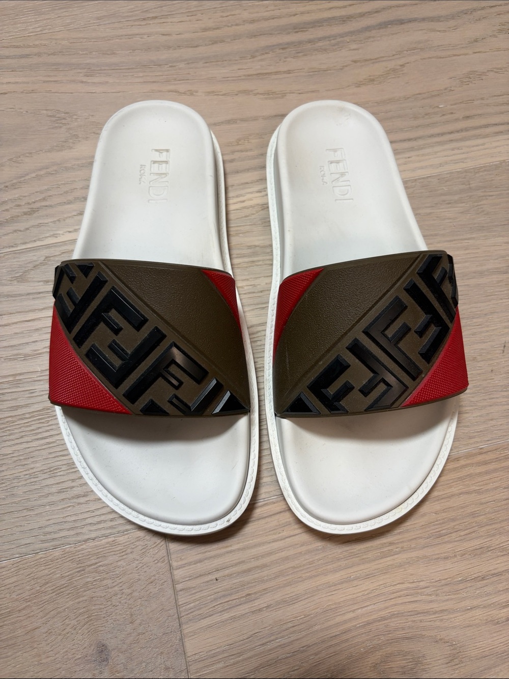 Fendi White Footbed Red & Olive Logo Slide Sandals